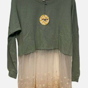 NWT Hayden Los Angeles Layered Cotton/Lace Sage Green Cream Size L Babydoll top